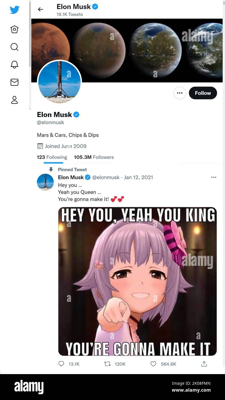 Página de Twitter (septiembre de 2022) de Elon Musk - fundador, director ejecutivo e ingeniero jefe de SpaceX; director ejecutivo y arquitecto de productos de Tesla, Inc.; fundador de The Boring Co Foto de stock