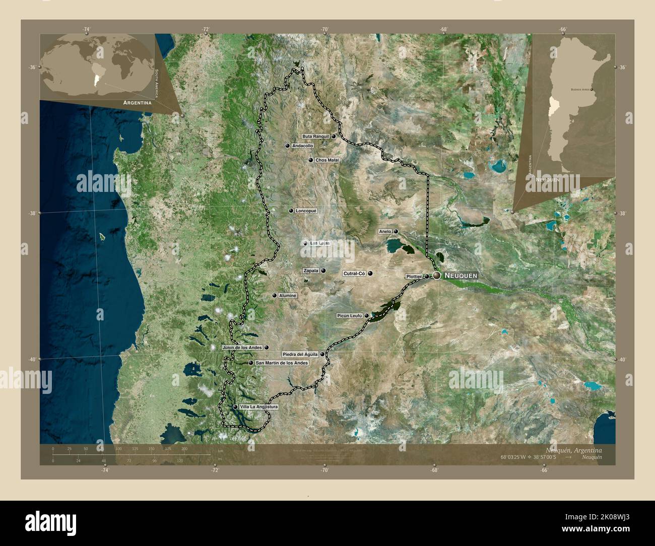 Neuquén, provincia argentina. Mapa satelital de alta resolución