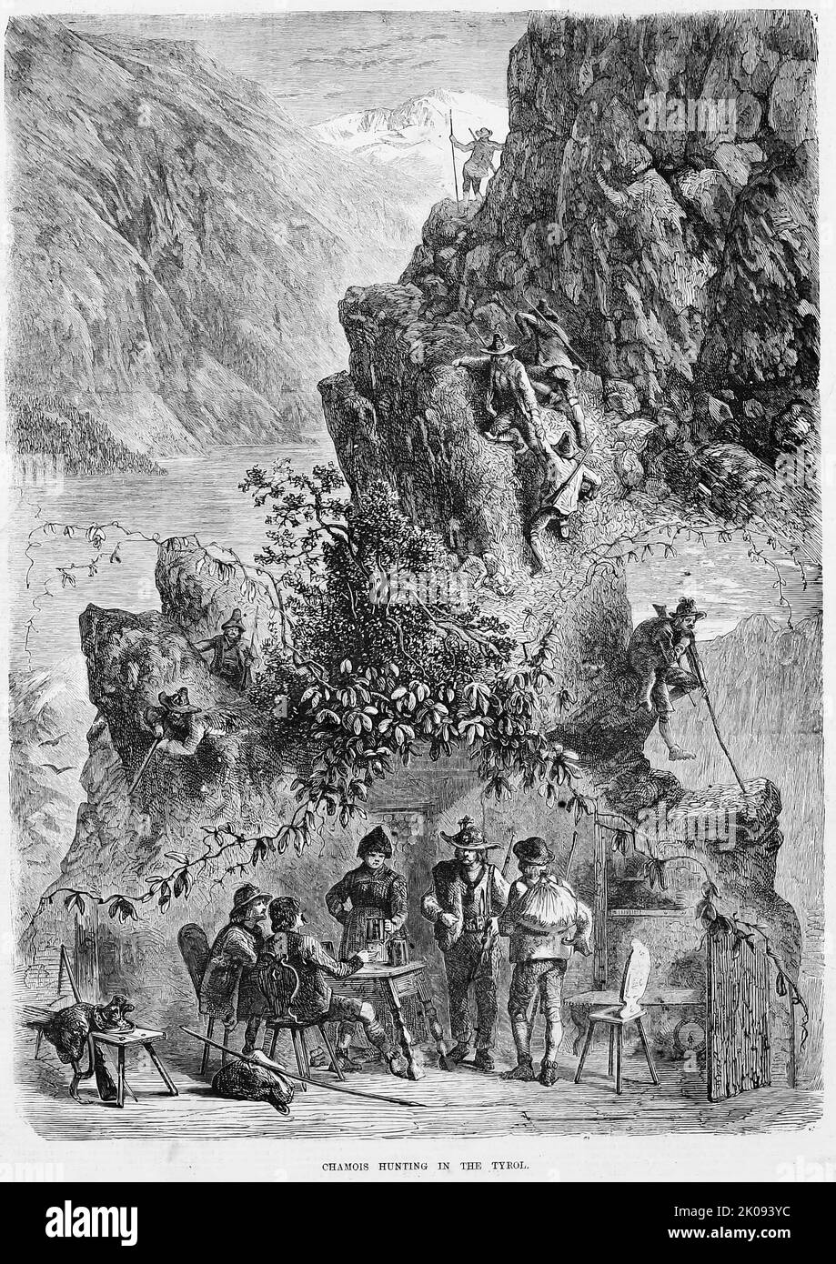 Caza de gamuza en el Tirol (1861). Ilustración del siglo 19th del periódico ilustrado de Frank Leslie Foto de stock