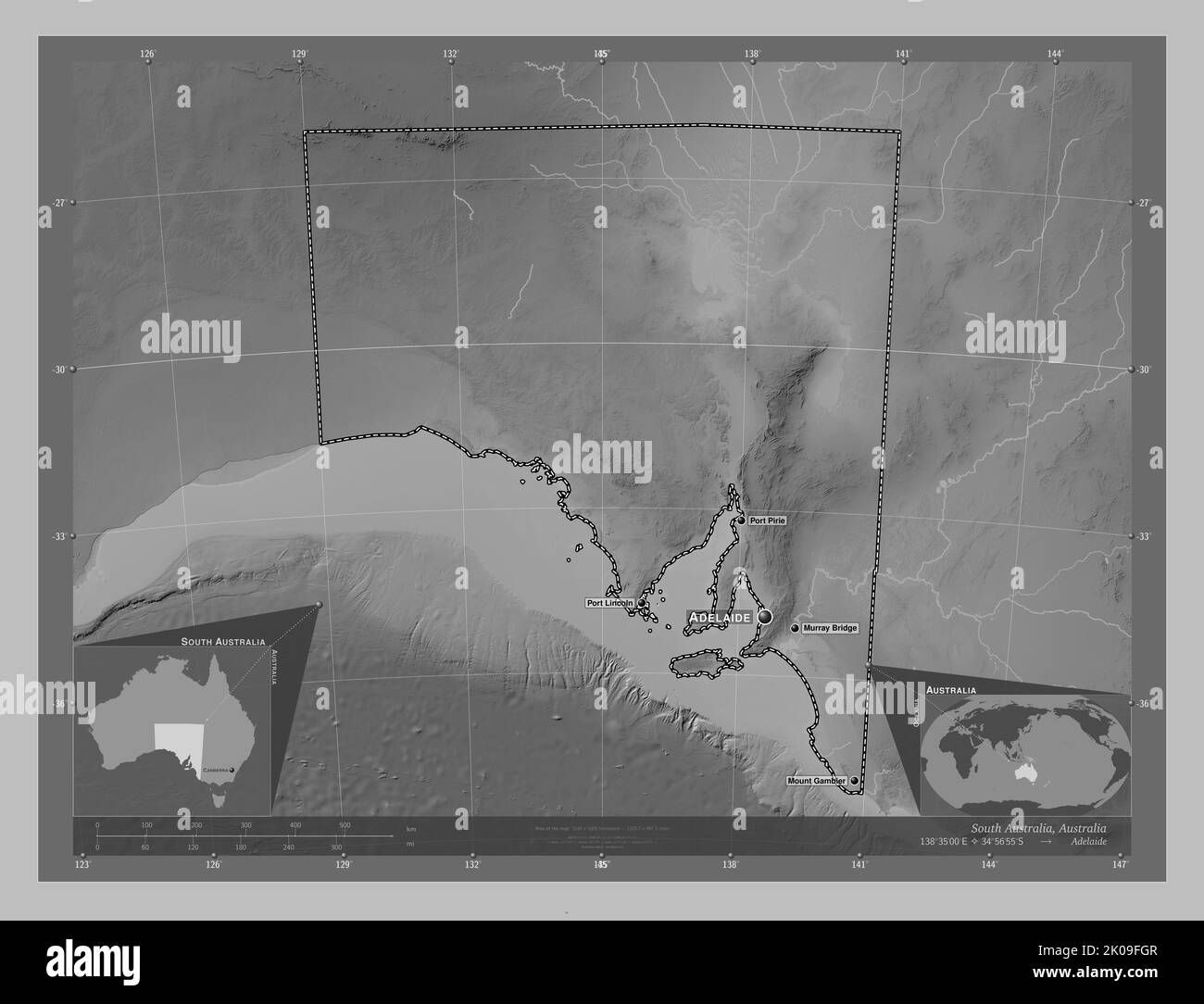 Australia Meridional, estado de Australia. Mapa de elevación en escala