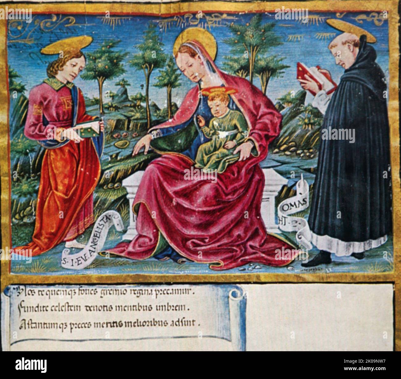 Madonna con niño y dos santos. Bolognese, obra de arte religioso del siglo 15th. Foto de stock