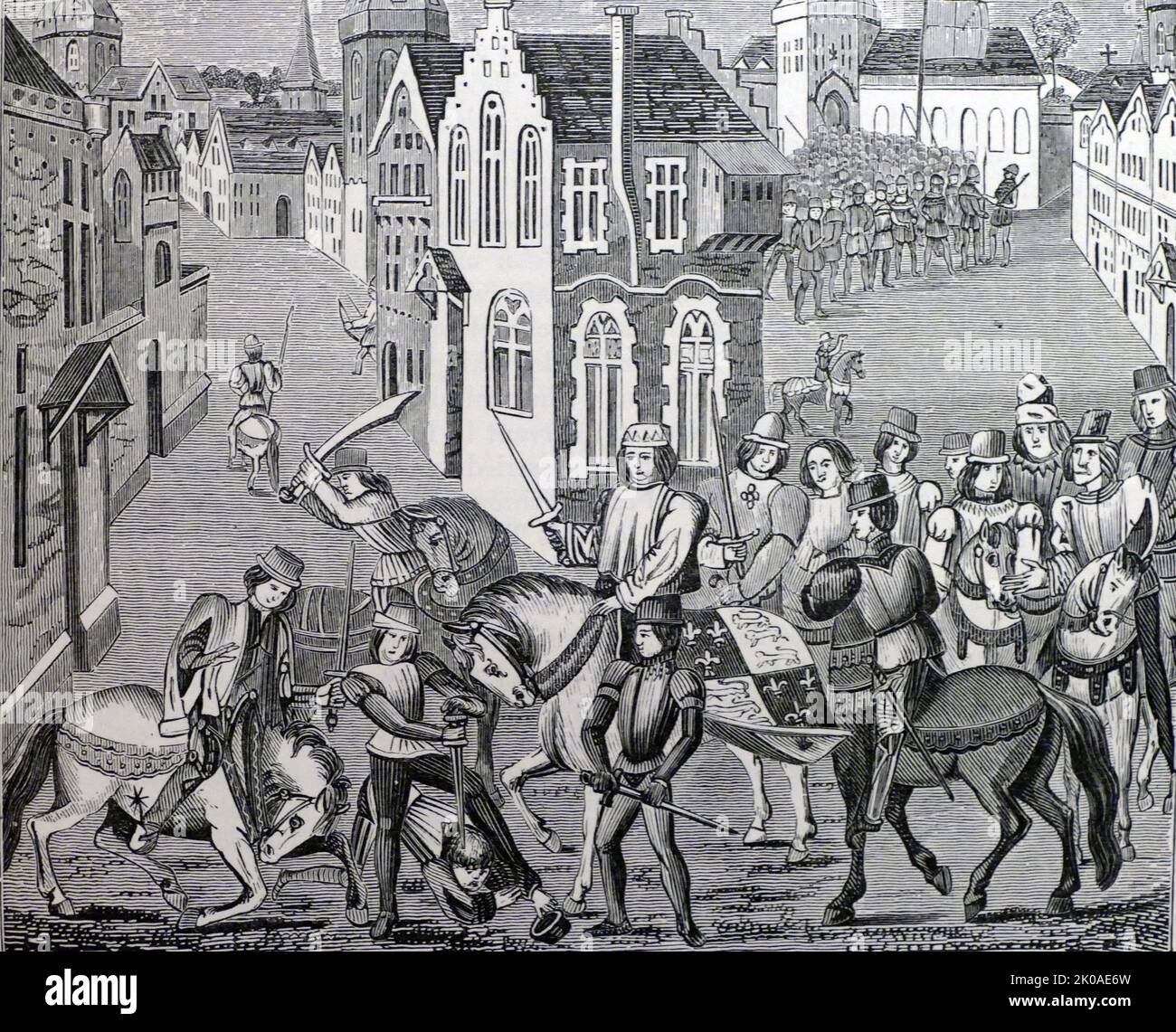 Wat Tyler, líder de la revuelta campesina, asesinado por Walworth, alcalde de Londres, mientras negociaba con el rey Ricardo II en Smithfield, Londres, 1381 Foto de stock