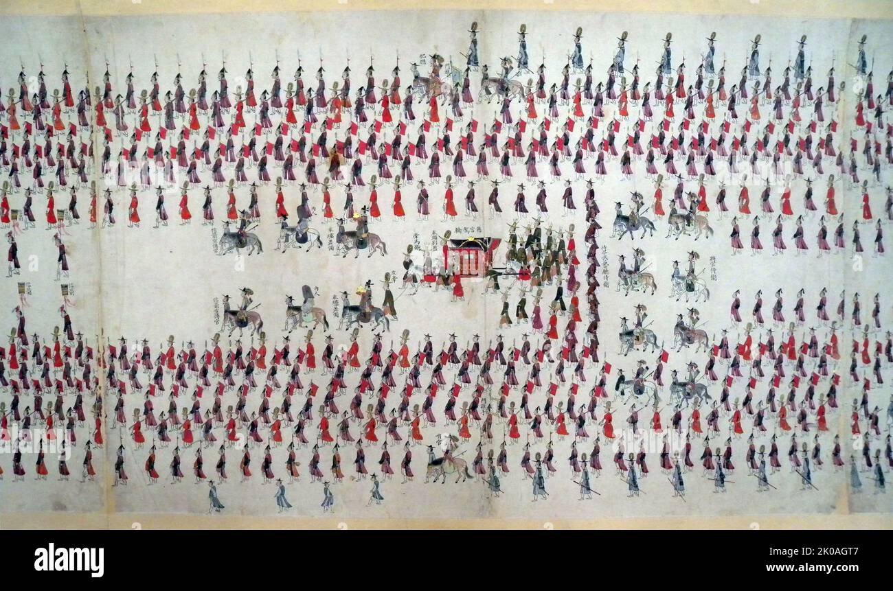 Hwaseong Neunghaeng Banchado es una ilustración histórica para describir la marcha de Jeongjo de Joseon, el 22th rey de la dinastía Joseon, cuando fue a la tumba de su padre en la fortaleza de Hwaseong a los 1795 años Foto de stock
