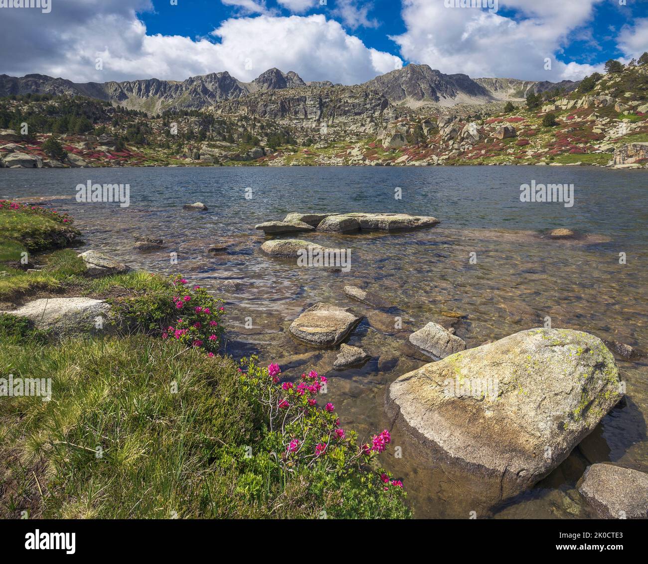 Hermoso paisaje del lago en Estanys de Pessons en primavera, Andorra Foto de stock