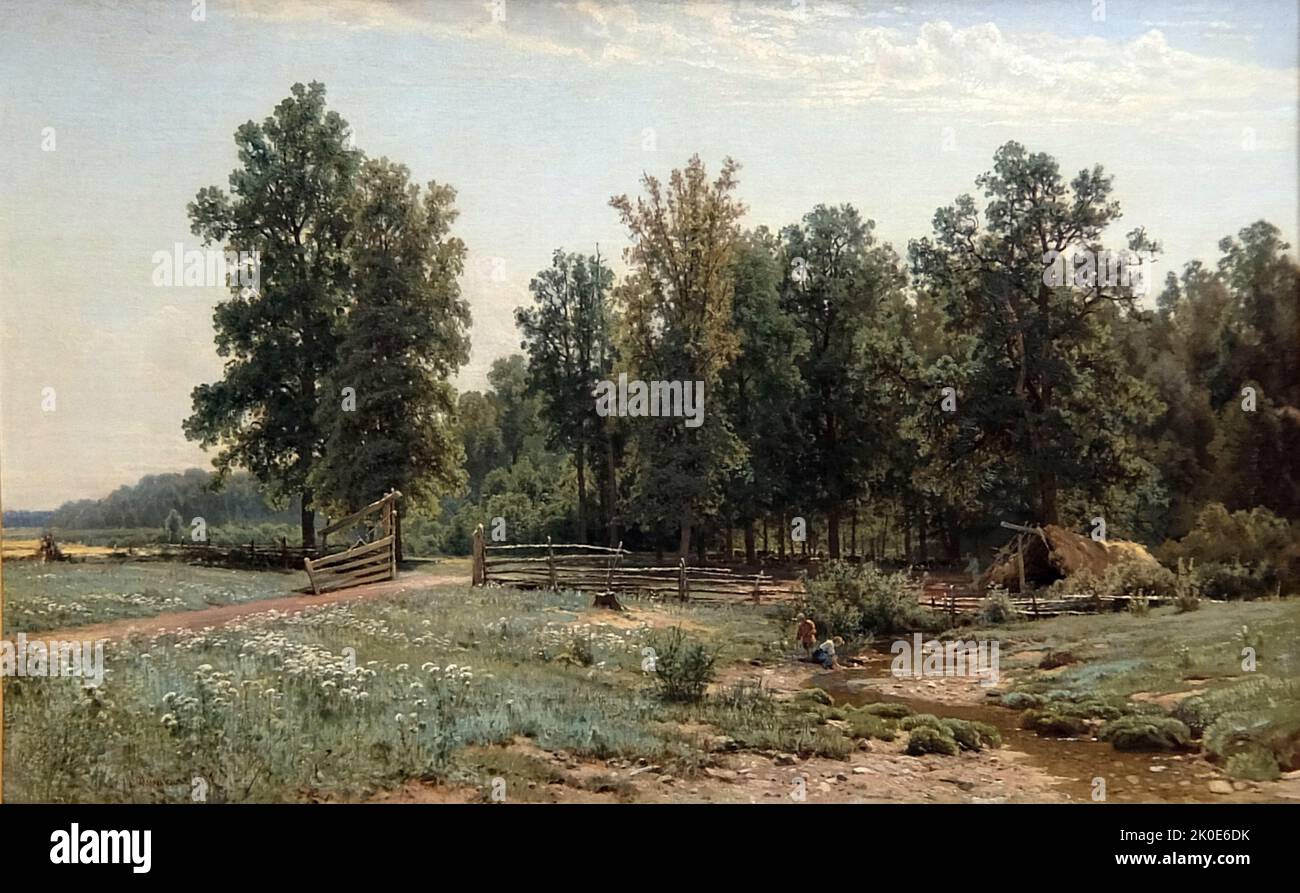 En las afueras de un bosque de robles por Ivan Ivanovich Shishkin (1832 - 1898); pintor paisajista ruso estrechamente asociado con el movimiento Peredvizhniki. Foto de stock