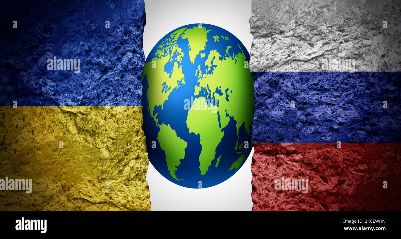 Rusia y Ucrania impacto global como una guerra entre las naciones ucranianas y rusas como un concepto de seguridad internacional debido al riesgo de desastres nucleares Foto de stock
