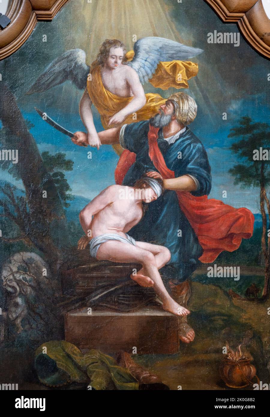 Pintura de Abraham a punto de sacrificar a su hijo Isaac en el Monte Moriah. Iglesia de Santos Cosmas y Damián en Clervaux, Luxemburgo. Foto de stock