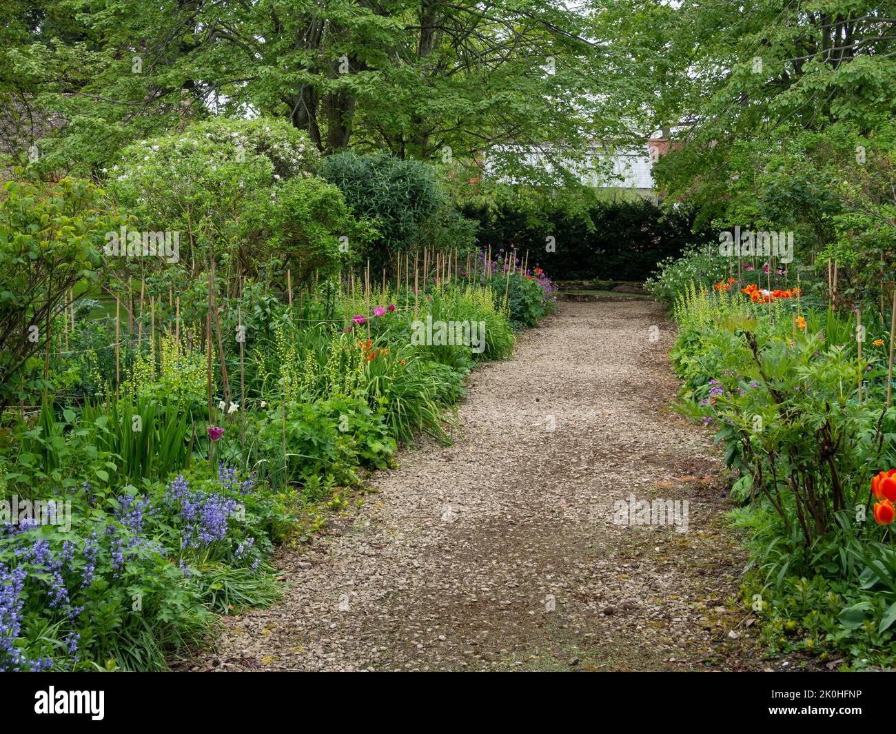 Jardín amurallado en los terrenos de la histórica Stanway House, Cotswolds, Gloucestershire, Reino Unido; camino y fronteras herbáceas Foto de stock