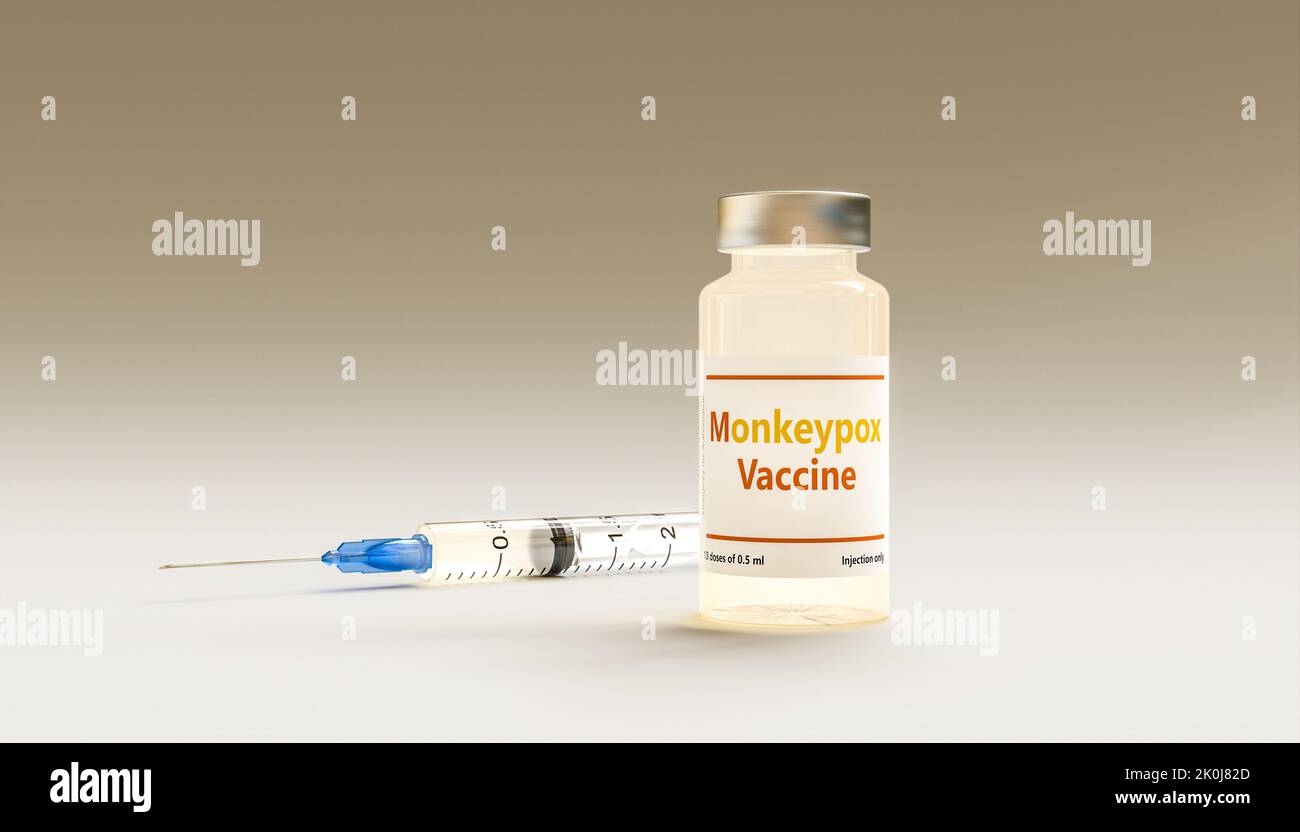 vacuna contra el virus de la viruela del simio y jeringa. presentación 3d Foto de stock