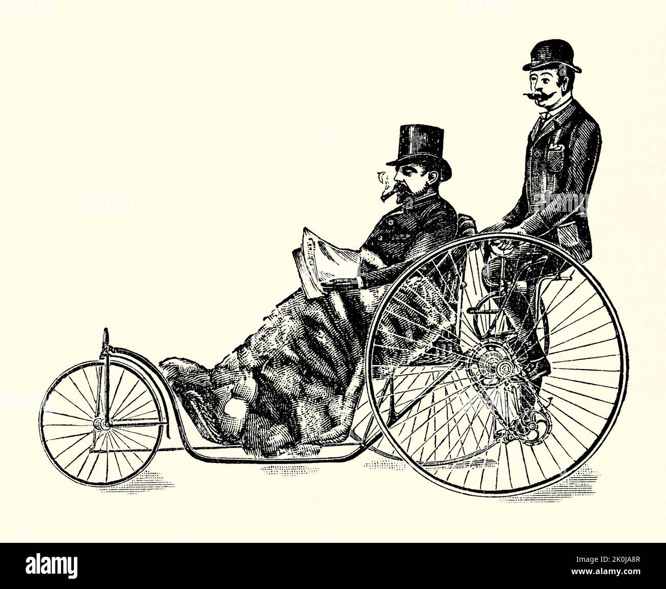 Un antiguo grabado victoriano de la “silla Coventry” de Starley. Es de un libro de 1890. Starley y Sutton Co de Meteor Works, Coventry, Warwickshire, West Midlands, Inglaterra, El Reino Unido fue uno de los primeros pioneros de las bicicletas. La empresa fue fundada en 1878 por John Kemp Starley y William Sutton y fabricó «sillas de baño», con la disposición de pedalear en la parte trasera (como en el caso de un triciclo), que se conocían como sillas de Coventry. El diseño de su bicicleta «rover» suele ser reconocido como la primera «bicicleta moderna». Foto de stock