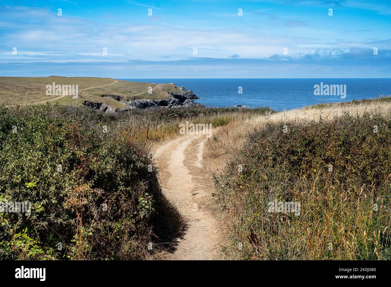 Una ruta costera en un campo que conduce a Polly Porth Joke en West Pentire en Newquay en Cornwall en el Reino Unido. Foto de stock