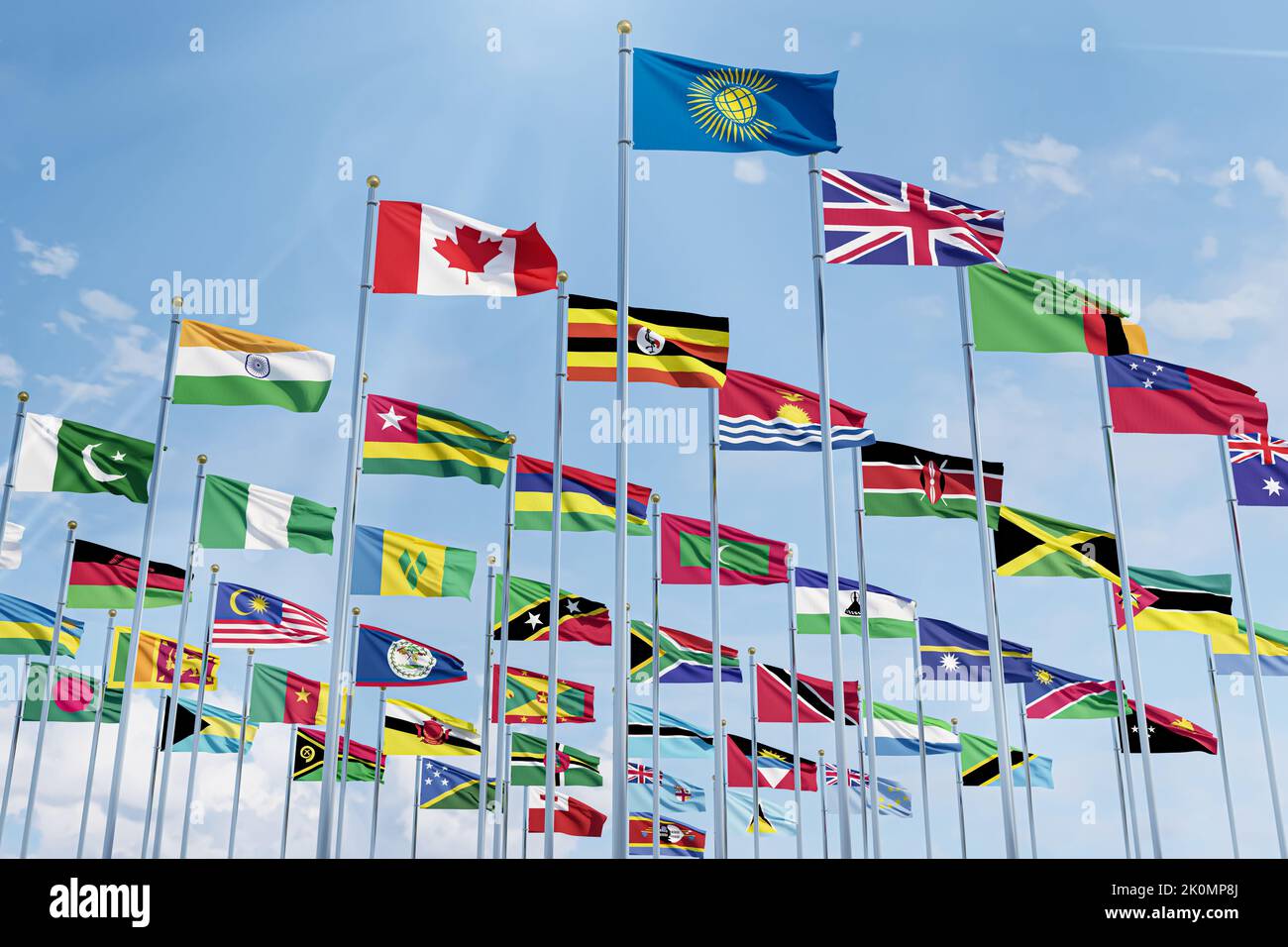 La bandera de la Mancomunidad de Naciones con las banderas de los países de la organización junto con la bandera de Gran Bretaña Foto de stock