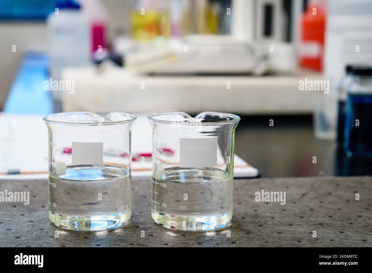Dos vasos de precipitados con líquidos claros y etiquetas en blanco en una almohadilla de laboratorio Foto de stock