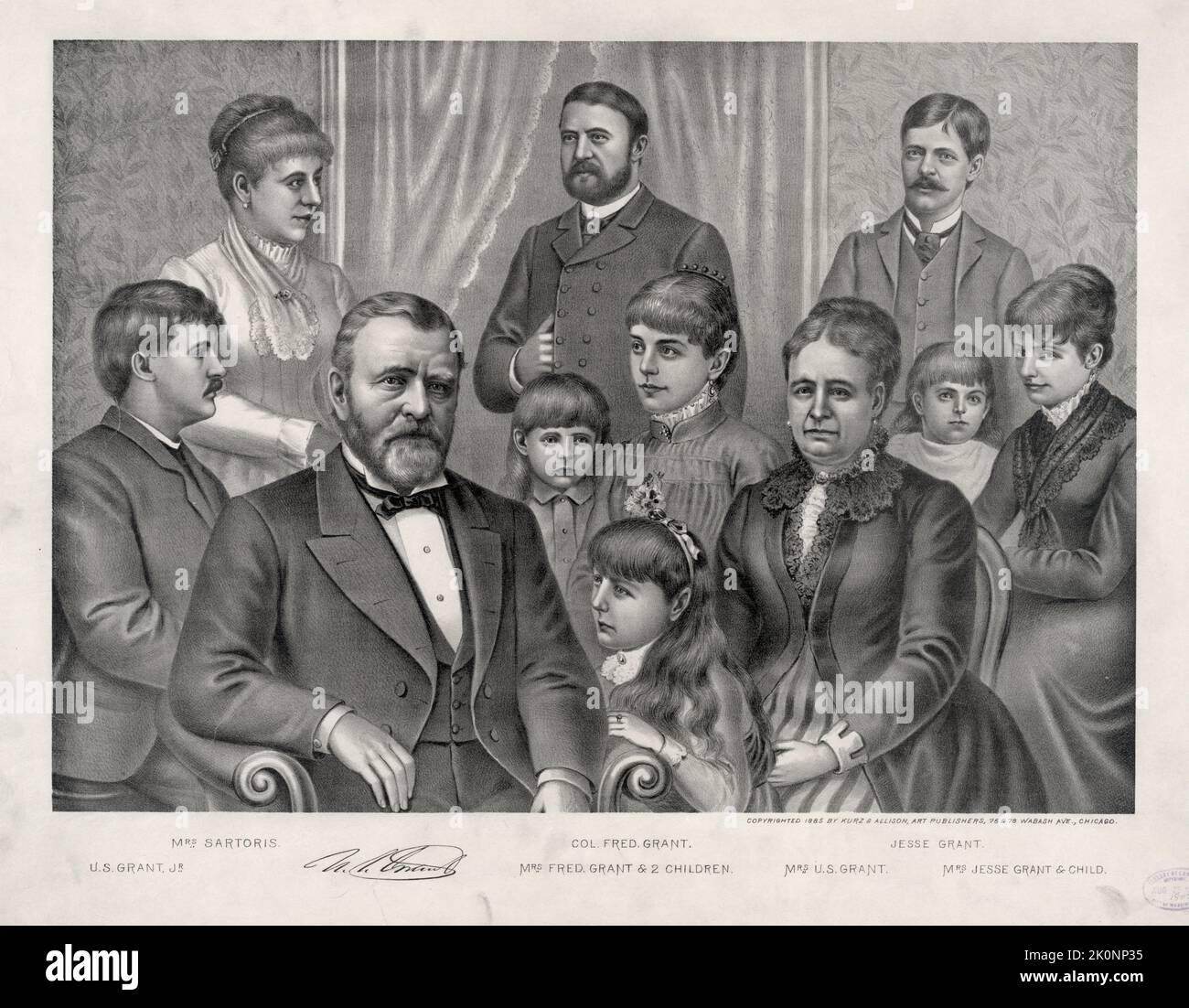 Dibujo del presidente Ulysses Grant y su familia. En la imagen están sus hijos el General Frederick Grant, Ulises Junior y Jesse, su hija Nellie y su esposa, la Primera Dama Julia Dent Grant Foto de stock