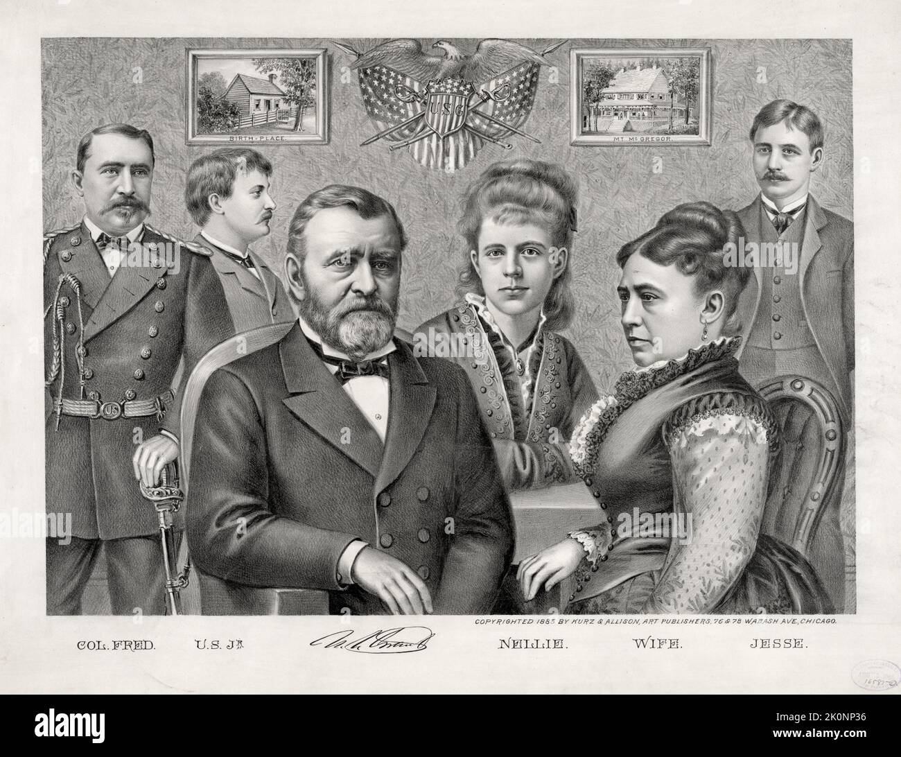 Dibujo del presidente Ulysses Grant y su familia. En la imagen están sus hijos el General Frederick Grant, Ulises Junior y Jesse, su hija Nellie y su esposa, la Primera Dama Julia Dent Grant Foto de stock