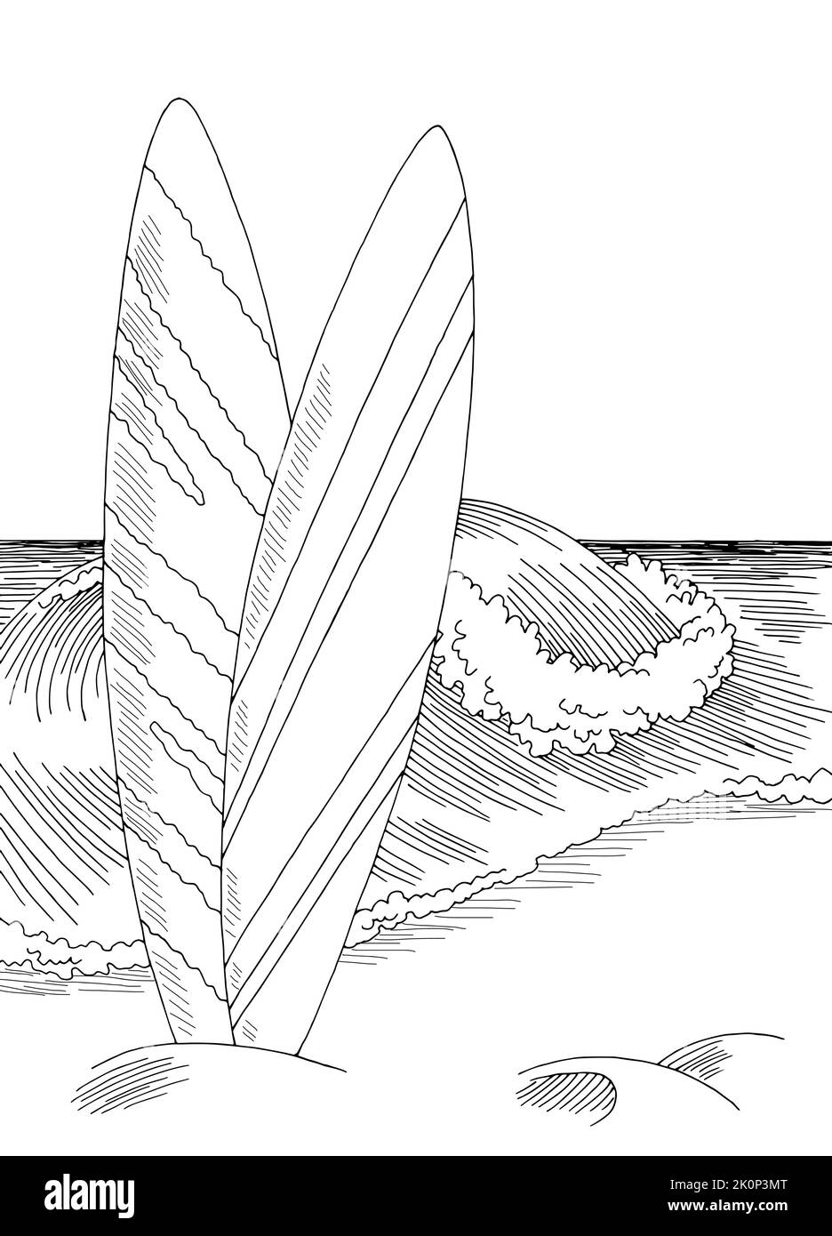 Tabla de surf mar costa gráfica playa negro blanco vertical paisaje