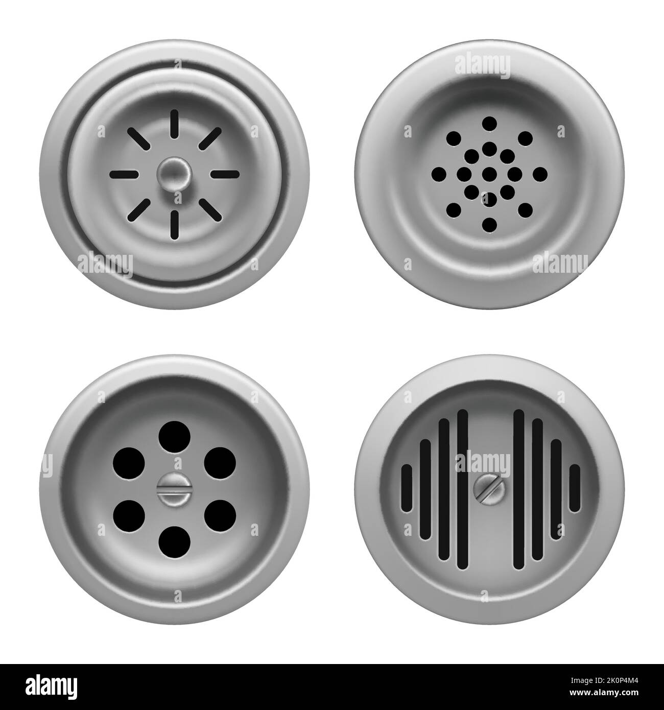 Rejillas de drenaje metálicas para ducha o lavabo aisladas sobre fondo  blanco. Vector realista conjunto de alcantarilla cuadrada y redonda con  rejilla de acero en el desagüe en el cuarto de baño