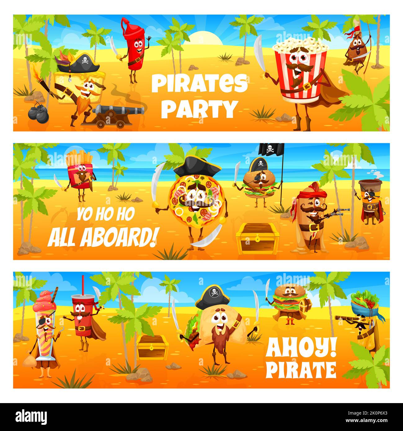 Dibujos animados piratas personajes de comida rápida en la isla del tesoro, vector niños partido