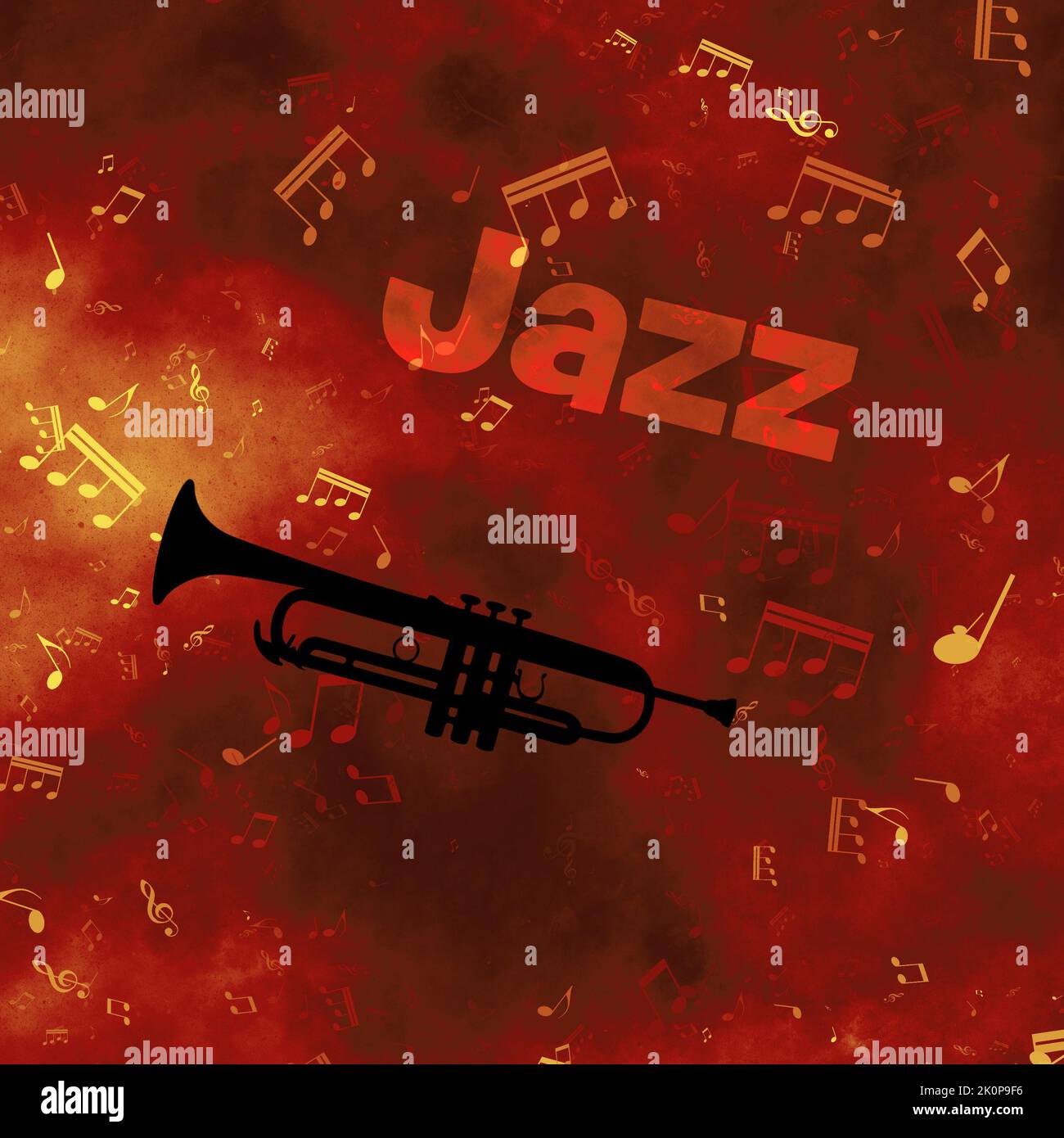 Instrumento de trompeta y fondo de notas musicales para el concepto de música Jazz Foto de stock