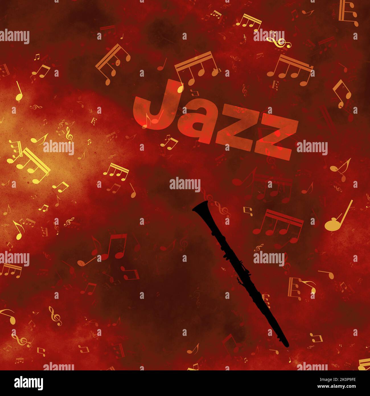 Instrumento clarinete y fondo de notas musicales para el concepto de música Jazz Foto de stock