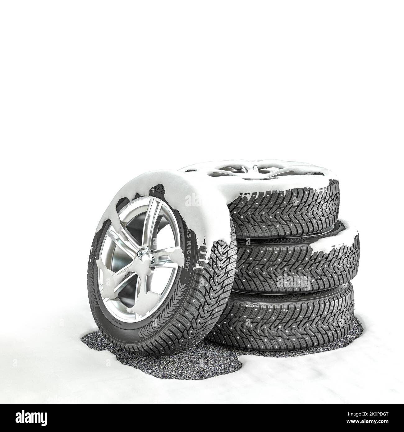 neumáticos de nieve en carretera nevada. presentación 3d Foto de stock