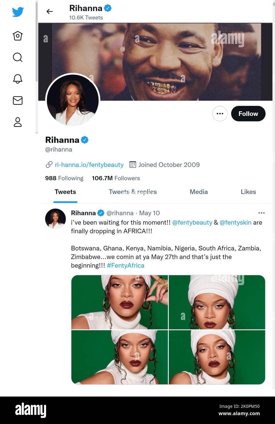 Página de Twitter (septiembre de 2022) de Rihanna Foto de stock