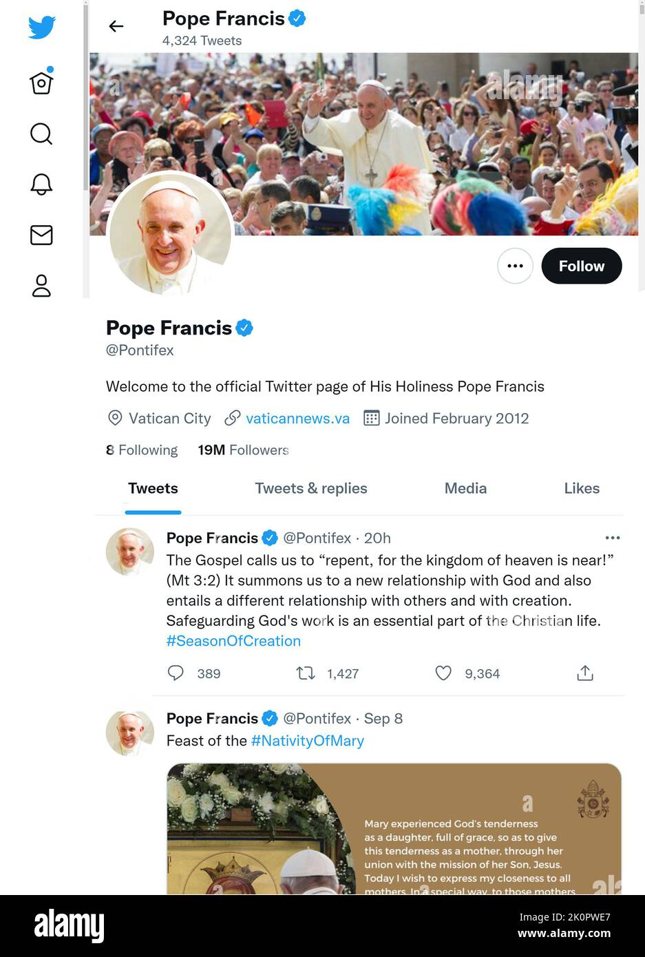 Página de Twitter (septiembre de 2022) del Papa Francisco Foto de stock