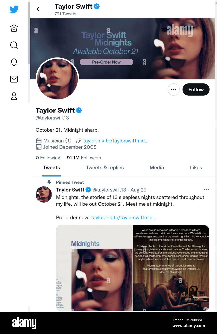 Página de Twitter (septiembre de 2022) de Taylor Swift Foto de stock