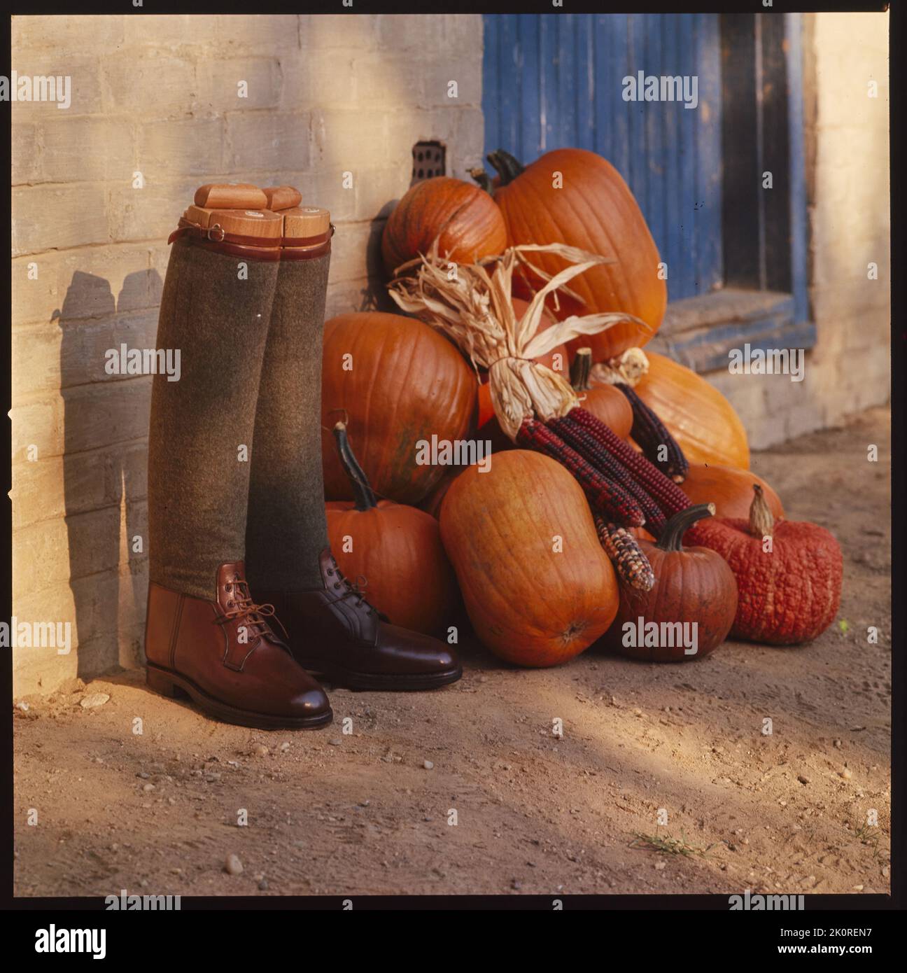 Caída de vida con calabazas y botas de montar, Philadelphia, PA, 1963. (Foto de Toni Frissell) Foto de stock