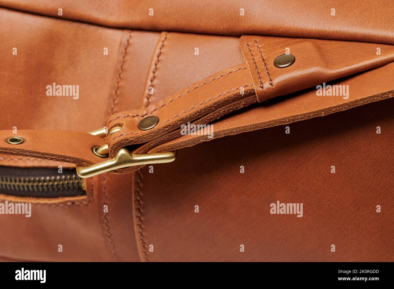 Detalle macro de piel con hebilla metálica en el bolso Foto de stock