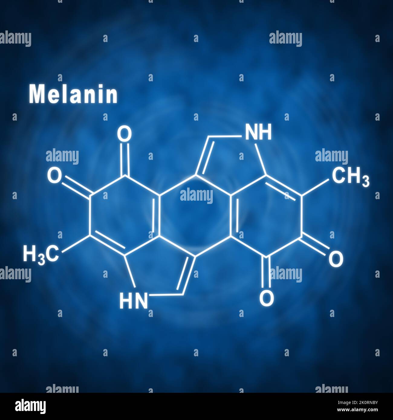 Molécula de melanina, Fórmula química estructural sobre fondo azul