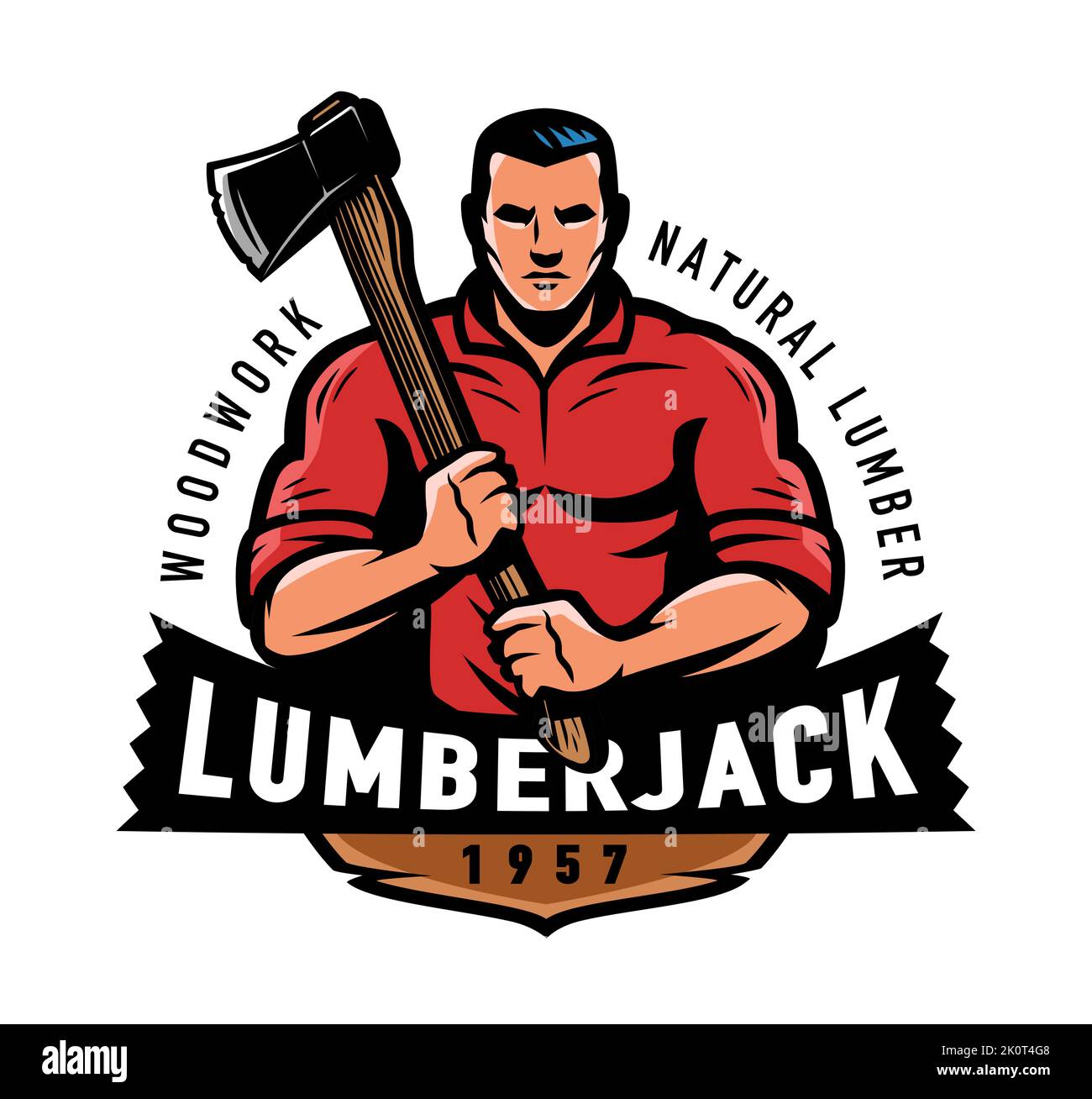 Lumberjack con emblema de hacha. Industria de la madera, logotipo y mascota maderera. Ilustración vectorial de la etiqueta de madera natural Ilustración del Vector