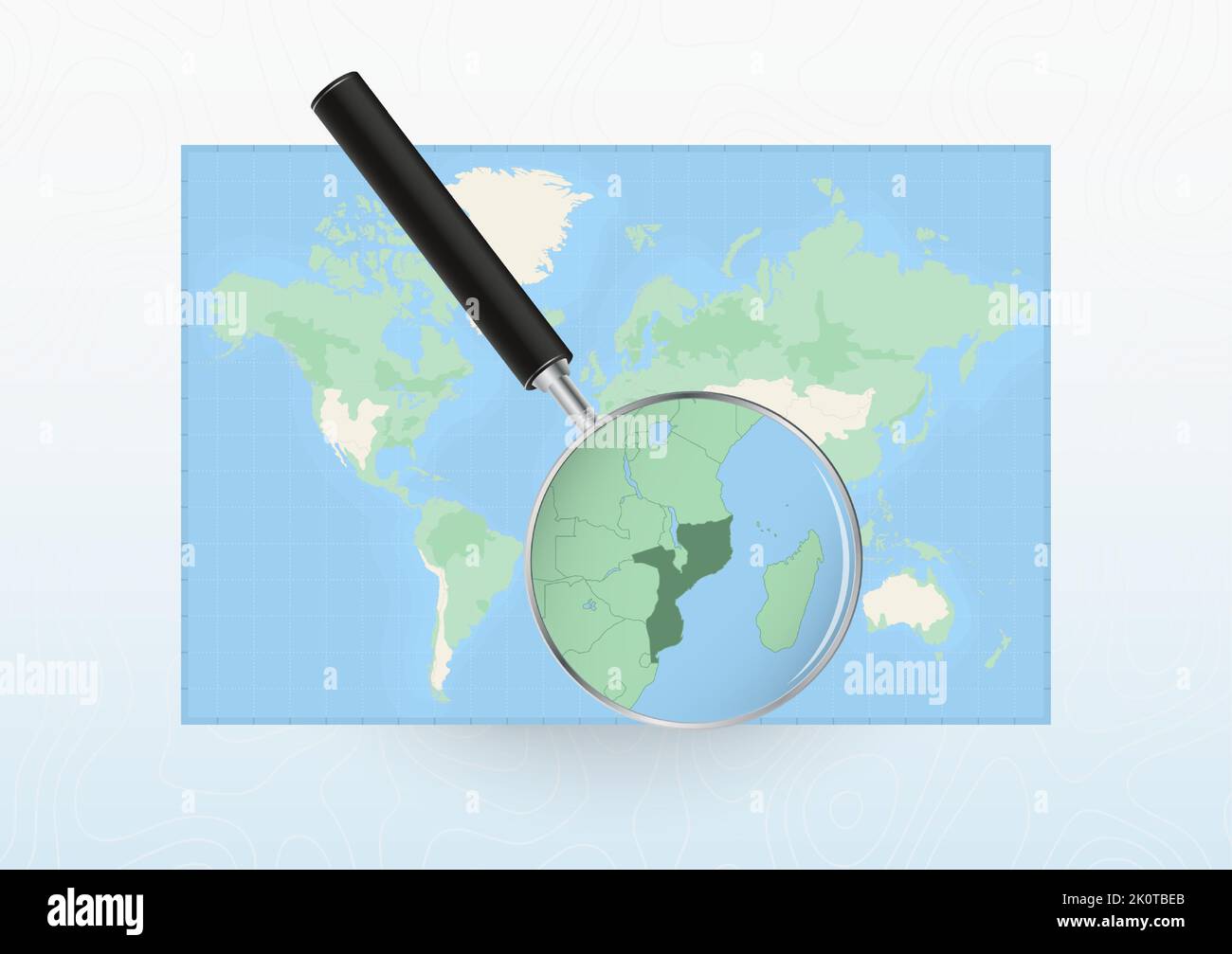 Mapa del mundo con una lupa dirigida a Mozambique, buscando Mozambique con lupa. Mapa de vectores. Ilustración del Vector