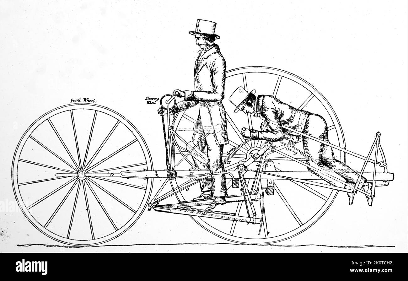 Un ciclo americano de 1869. El hombre de pie en la parte delantera dirigía el vehículo mientras que el hombre de atrás proporcionaba la energía. Foto de stock