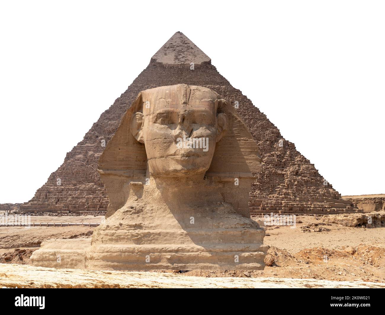 Spinx cara en el fondo de la pirámide de Giza, en El Cairo, Egipto Foto de stock