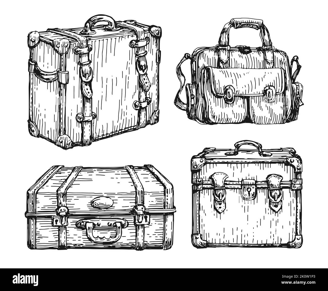 Juego de maletas y bolsas retro. Boceto para equipaje, dibujado a mano en estilo vintage. Recorrido, ilustración vectorial del concepto de viaje Ilustración del Vector