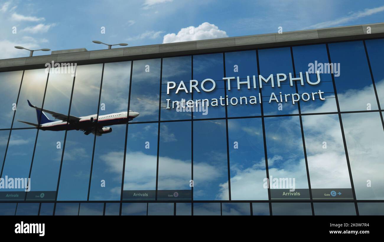 Aeronaves que aterrizan en Paro Thimphu, Bhután 3D. Llegada a la ciudad con la terminal de cristal del aeropuerto y reflejo de avión a reacción. T Foto de stock