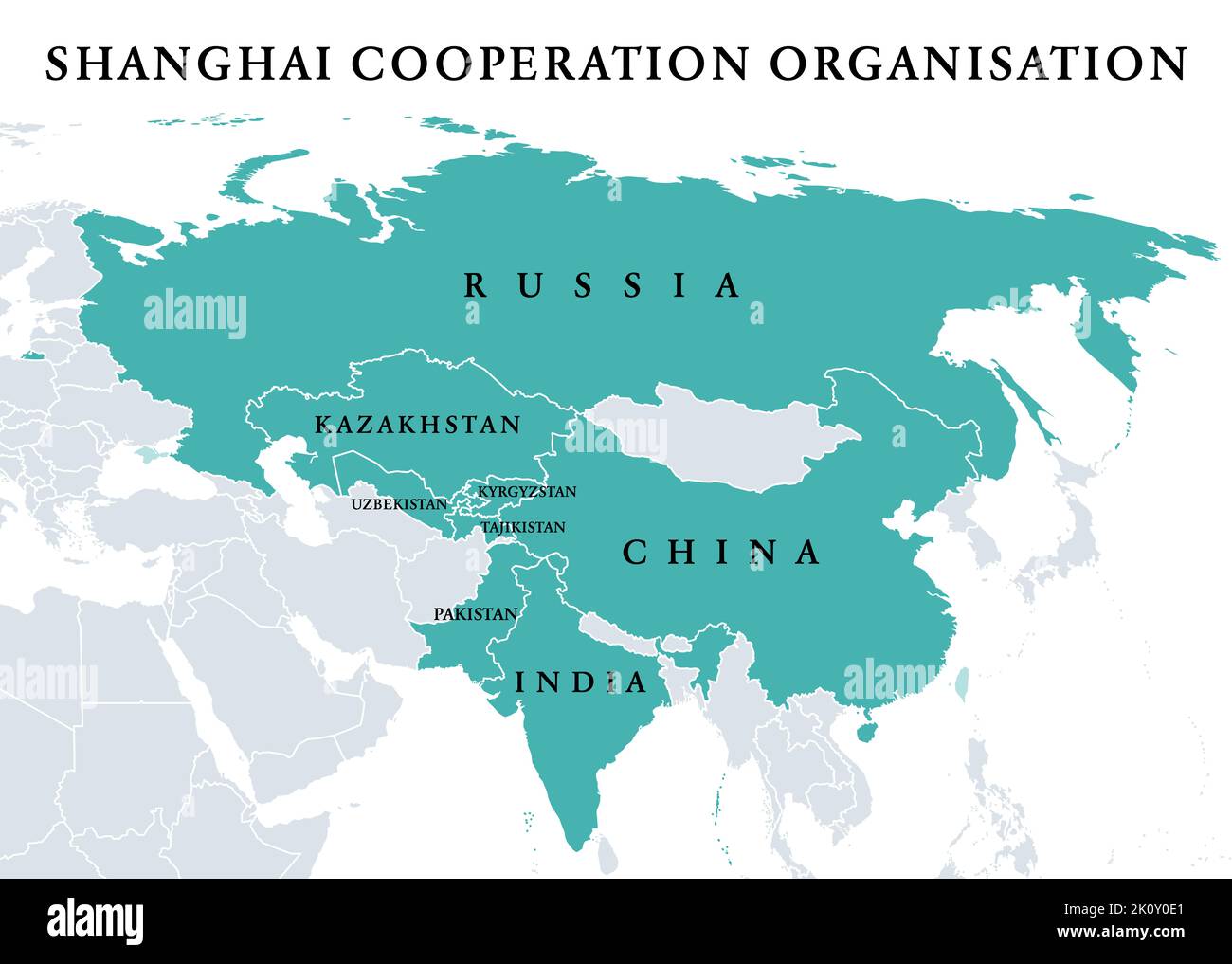 Organización de Cooperación de Shanghai, Estados miembros de la SCO, mapa político. Organización política, económica y de seguridad de Eurasia. Foto de stock