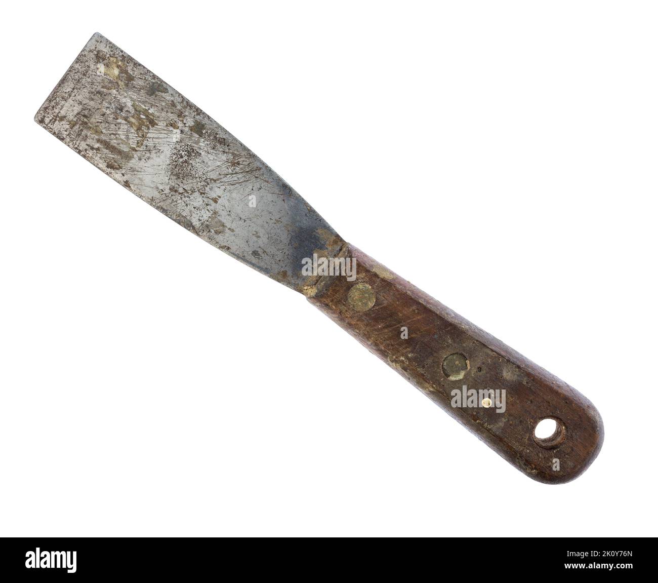 Vista superior de un viejo cuchillo usado para masilla aislado sobre un fondo blanco. Foto de stock