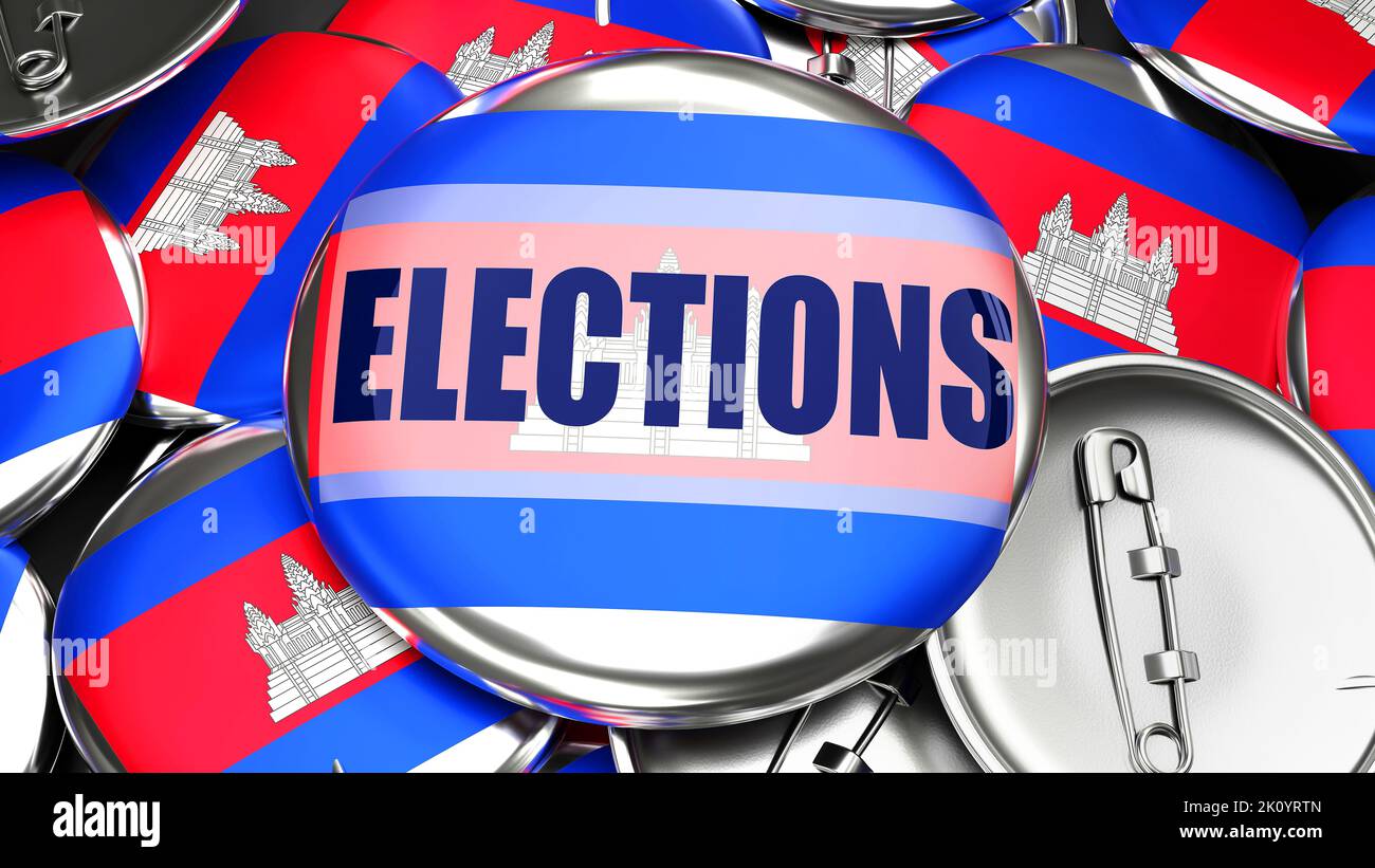 Camboya y las elecciones - docenas de botones de pinback con una bandera de Camboya y una palabra elecciones. 3D Render simbolizando las próximas elecciones en este país Foto de stock