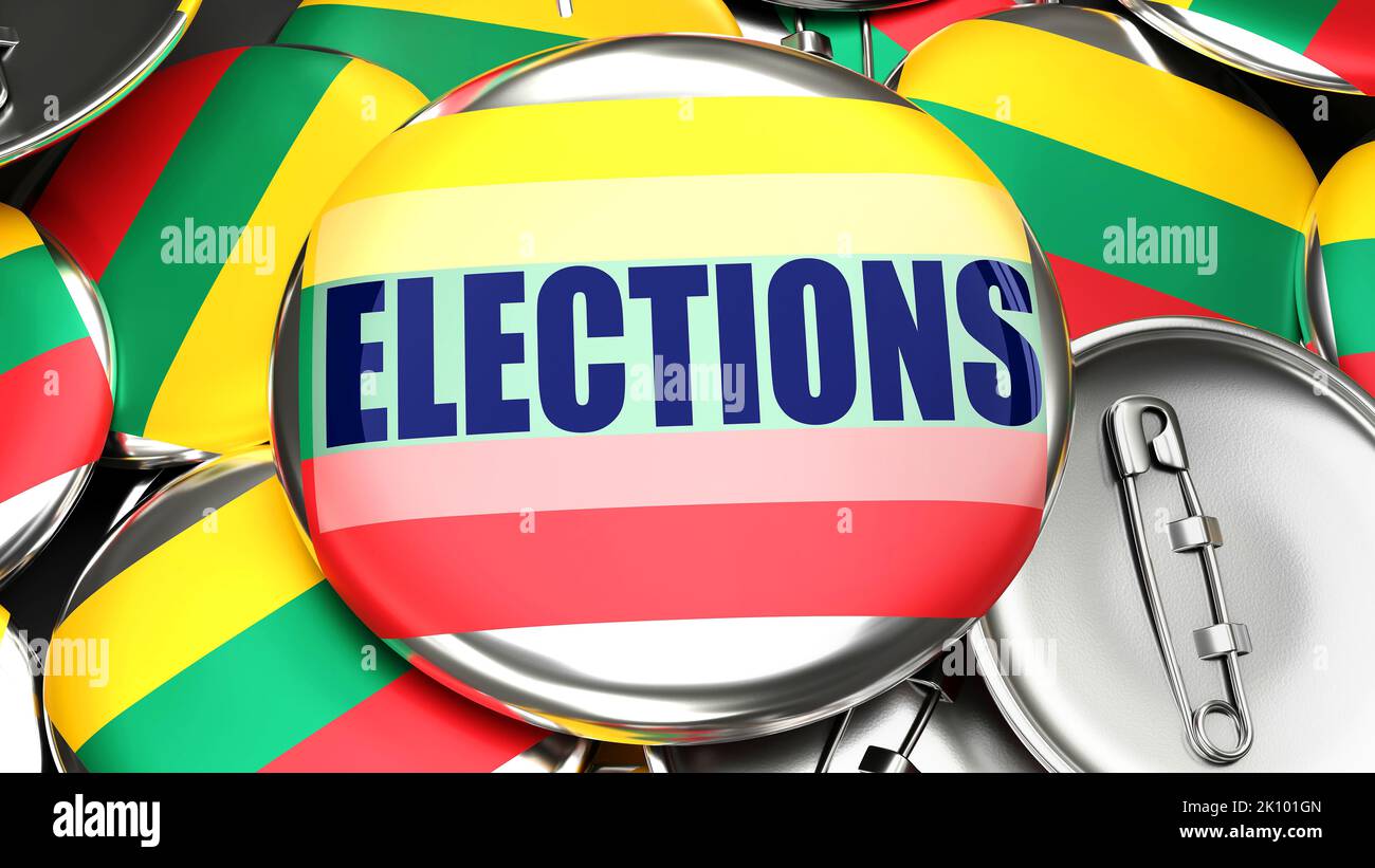 Lituania y las elecciones - docenas de botones de pinback con una bandera de Lituania y una palabra elecciones. 3D Demuestre simbolizando las próximas elecciones en este CO Foto de stock