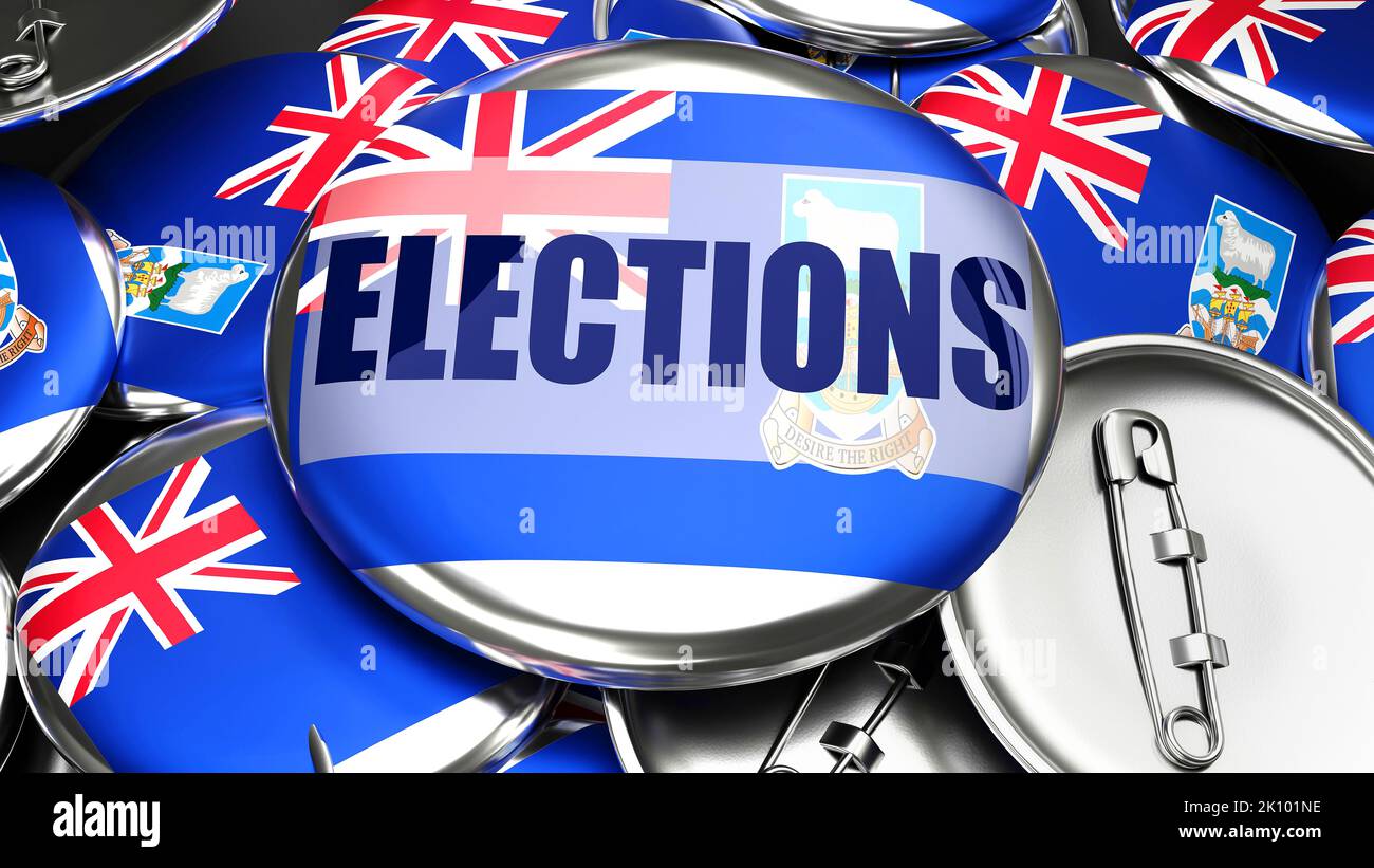 Islas Malvinas Malvinas y Elecciones - Decenas de botones con una bandera de las Islas Malvinas Malvinas y una palabra que simboliza las próximas elecciones Foto de stock