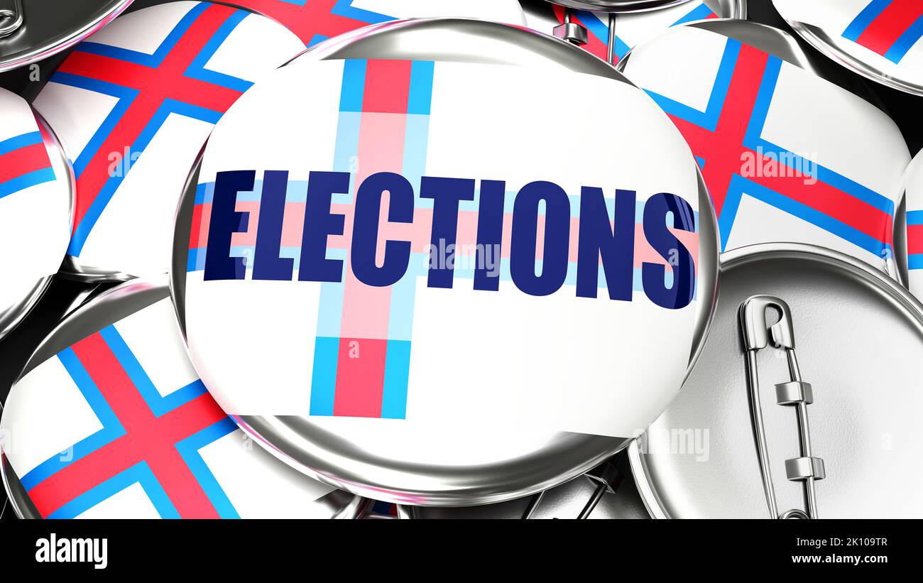 Islas Feroe y las elecciones - docenas de botones de pinback con una bandera de las Islas Feroe y una palabra elecciones. 3D Render simbolizando las próximas elecciones en Foto de stock