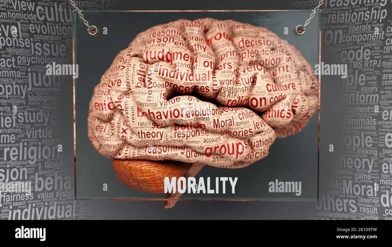 Moralidad en el cerebro humano - docenas de términos importantes que describen propiedades y características morales pintadas sobre la corteza cerebral para simbolizar la moral co Foto de stock