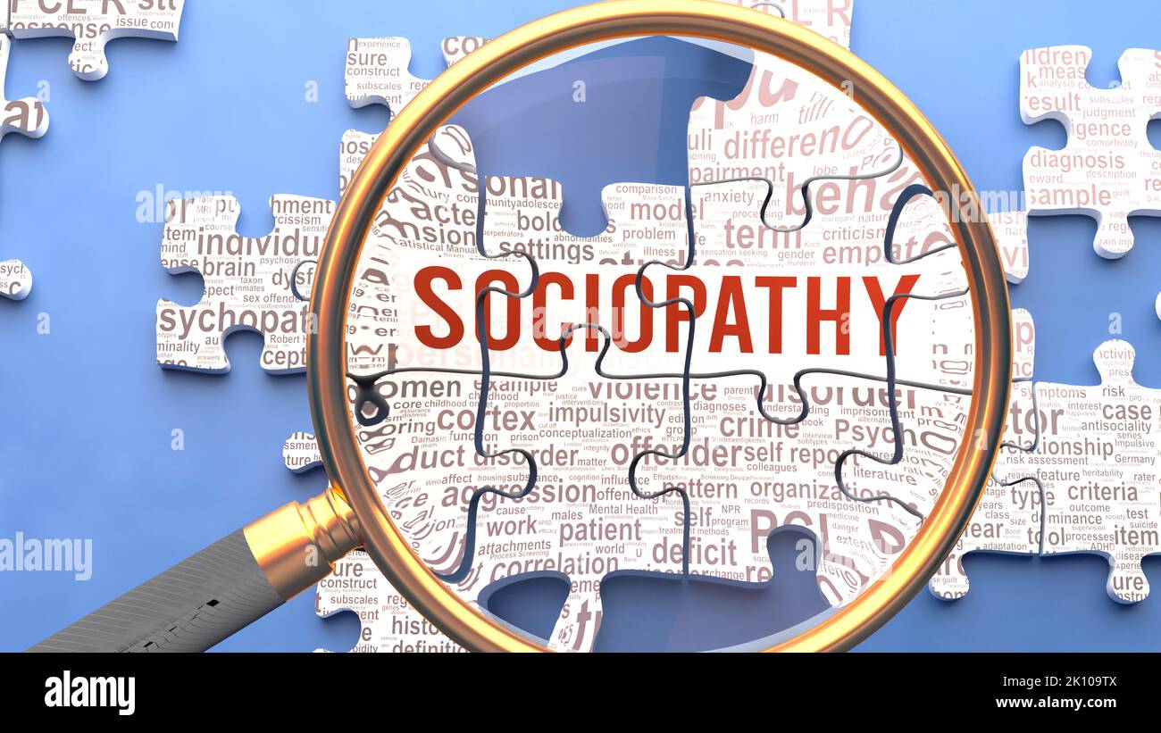 La sociopatía como un tema complejo y multipartito bajo estrecha inspección. La complejidad se muestra como piezas de puzzle coincidentes que definen docenas de ideas vitales y conc Foto de stock