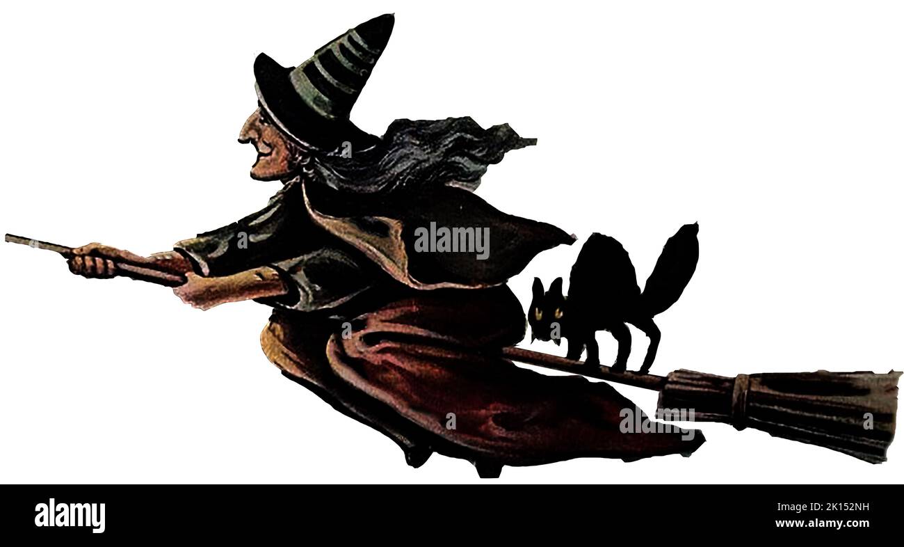 Una imagen de corte 0ut vintage de una bruja montando su palo de escoba por el aire con un gato aferrado a la espalda. Foto de stock
