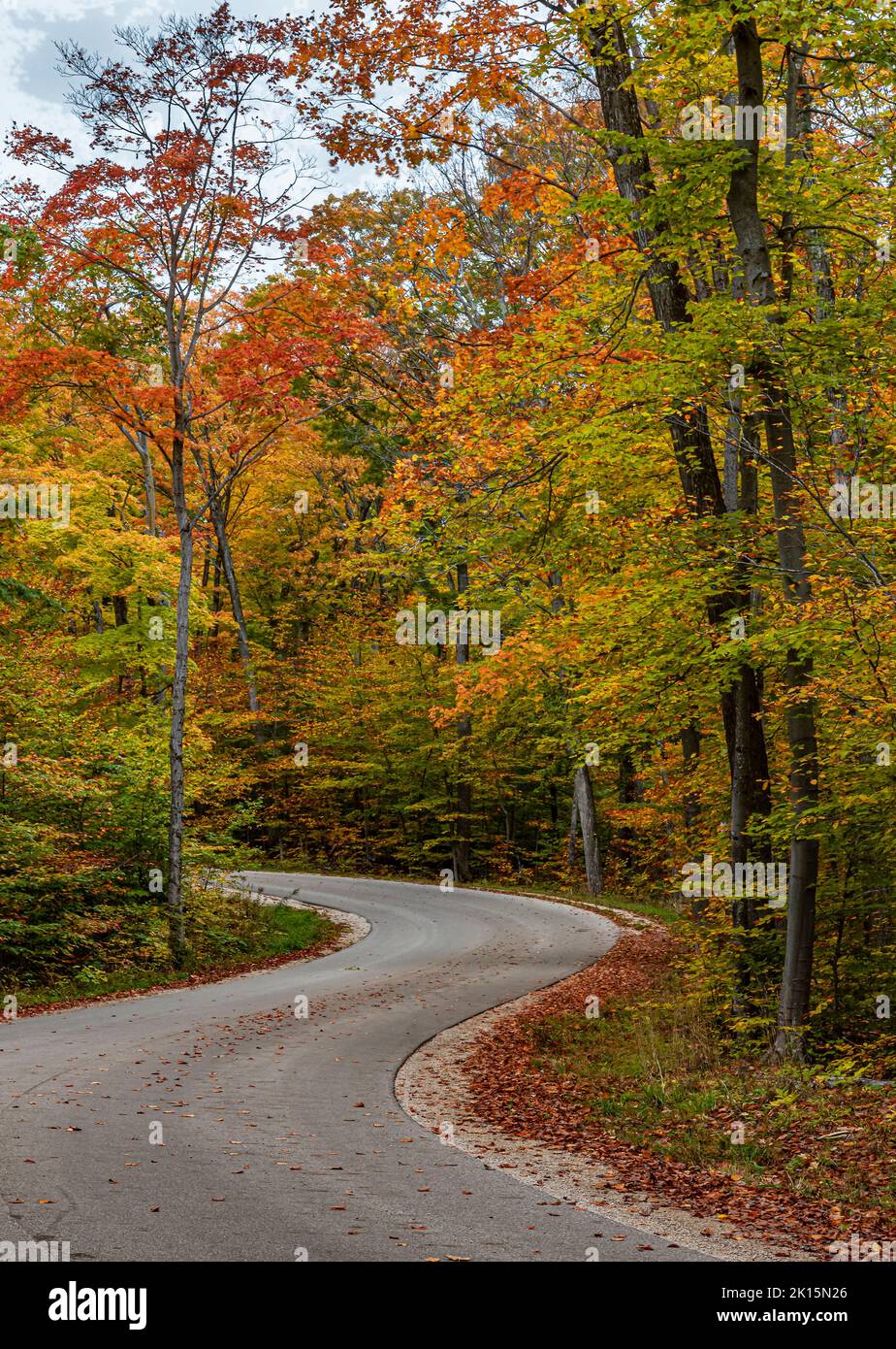 Una carretera local, Cottage Row, se curva en forma de una 'S' cerca de Gills Rock, Door County, Wisconsin Foto de stock