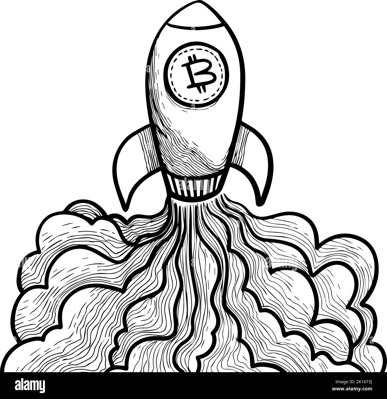 Despegue del cohete Bitcoind. Ilustración vectorial dibujada a mano. Ilustración del Vector