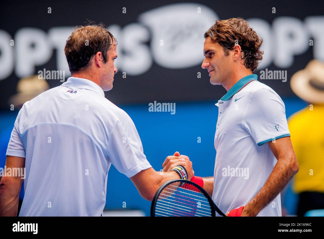 Roger Federer (SUI) se enfrentó a T. Gabashvili (RUS) en el día 6 en el Abierto de Australia en el Hisense Arena de Melbourne. Federer ganó sobre Gabashvili 6-2, 6-2, 6-3. Foto de stock