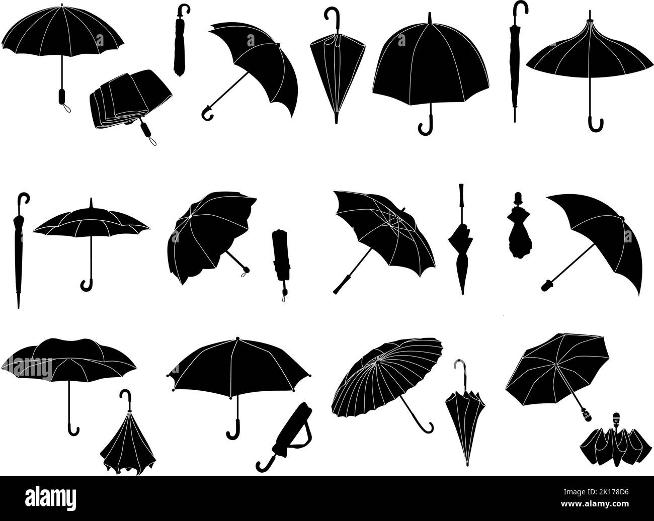Paraguas de plantilla. Sombrilla plegada, sombrilla abierta para clima lluvioso o sombrilla. Accesorios de diferentes formas conjunto de iconos de vector silueta negra Ilustración del Vector